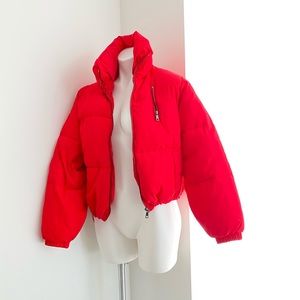 Red puffer jacket